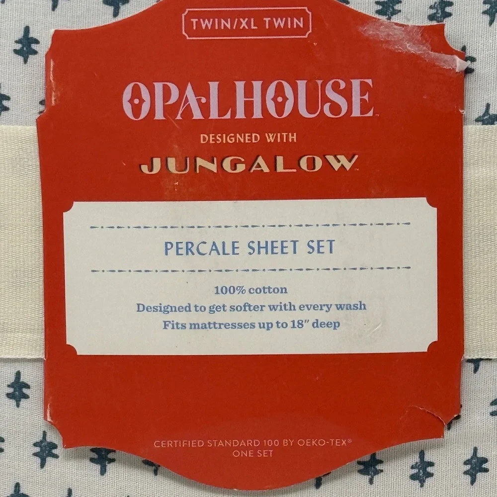 Opalhouse Jungalow Twin XL Percale Sheet Set Teal Dash White Cotton 3pc